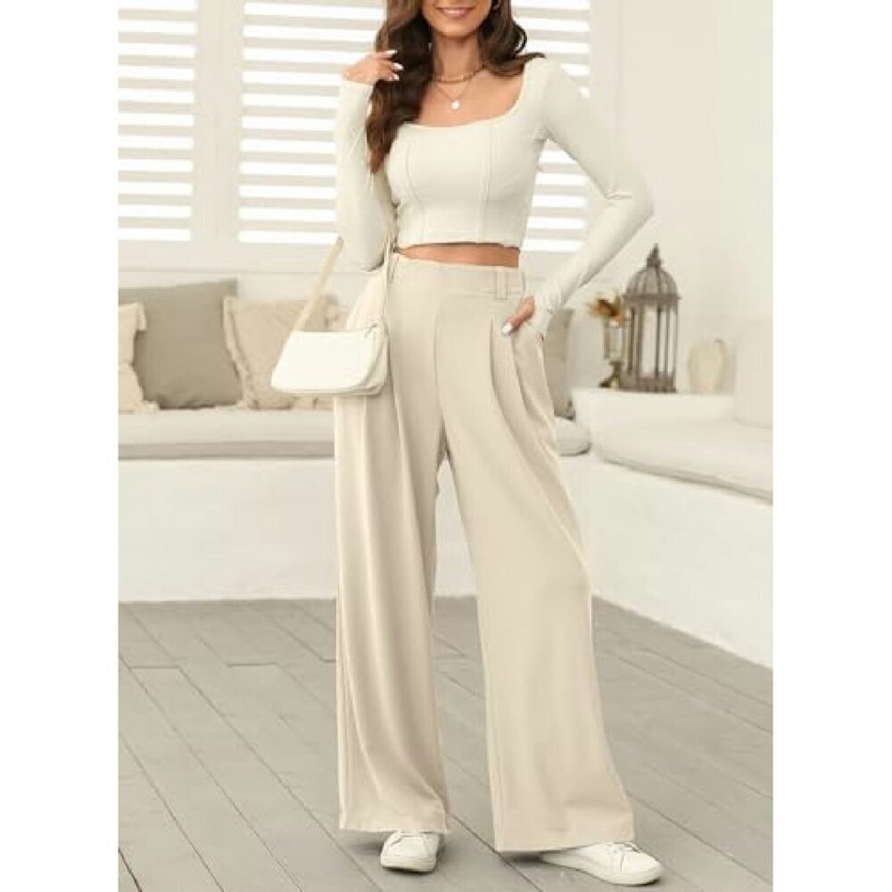 Wide Leg Fleece Lined Palazzo Pants High Waisted Business Casual with Pockets - Picture 4 of 8